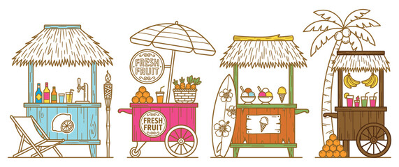 Beach food stall and bar collection with tropical hut designs and fresh fruit carts icons. © MST. RATNA AKTER