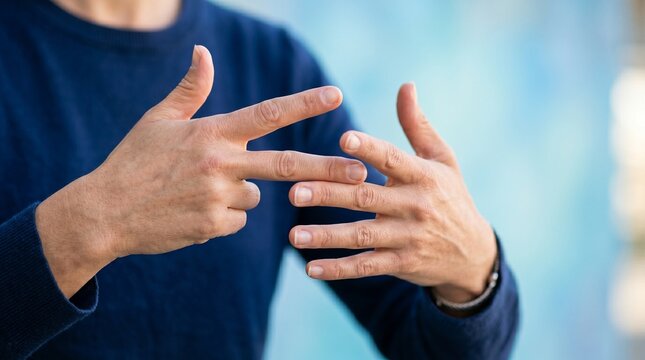 Close-up of hands performing a sign language gesture against a blurred background