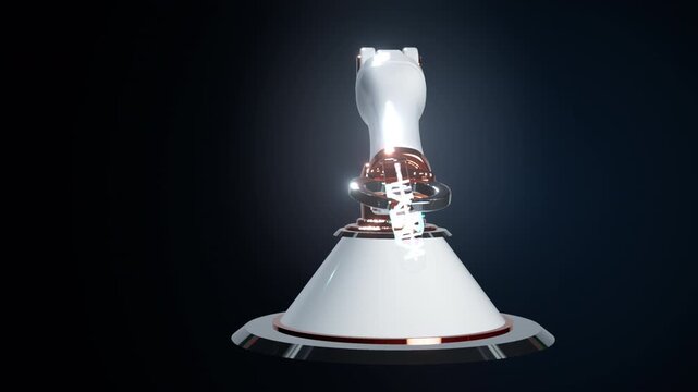 Advanced robotic arm sequences a holographic DNA strand. Volumetric laser rings cut through the refractive glass cylinder.