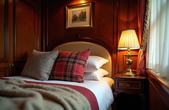 Warm lit train sleeper cabin bed with plaid pillow, blanket, and bedside lamp. Cozy room offers comfortable overnight travel on luxury rail journey. Vintage style.