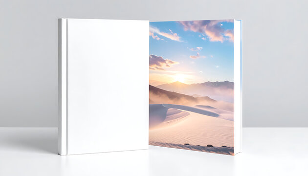 Open blank book mockup with desert landscape scene on pages for editorial presentation