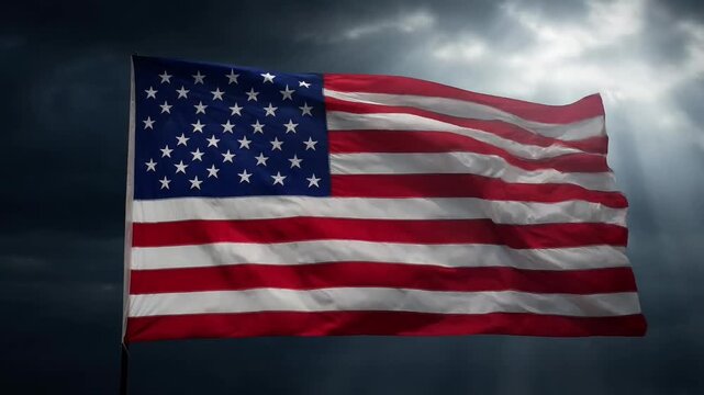 Waving American flag against a dramatic stormy sky with sun rays