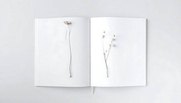 Open blank notebook with delicate dried wildflowers pressed inside, flat lay aesthetic, natural journaling and memory keeping
