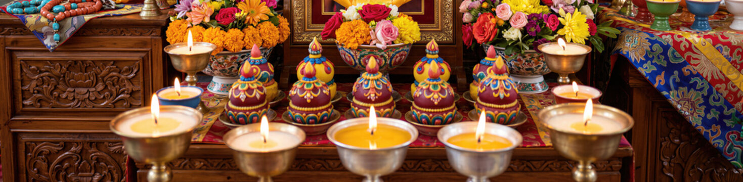 Traditional Tibetan Buddhist altar with burning butter lamps, colorful torma offerings and flower bouquets. Spiritual ceremony on Dalai Lama birthday. Banner with copy space