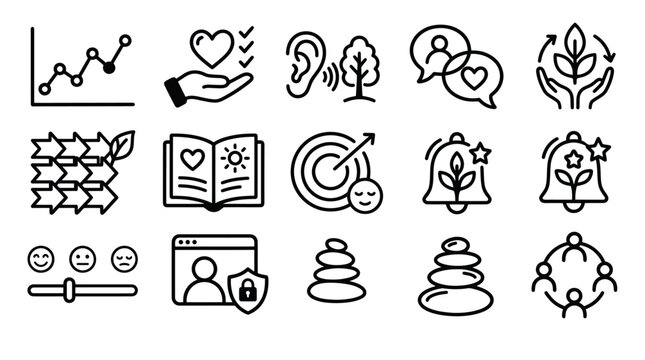 Collection of outline icons representing business, nature, and well-being concepts.