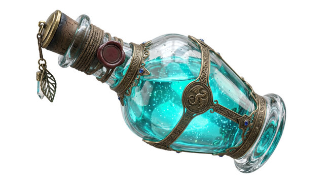 Fantasy potion bottle with ornate metalwork and leaf charm isolated on transparent background