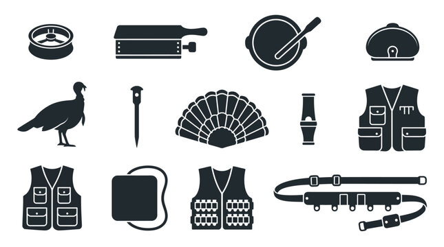. Includes: turkey call, box call, slate call, diaphragm call case, turkey decoy, decoy stake, feather fan, locator call, carry vest, seat cushion, shell holder vest, game carrier strap.
