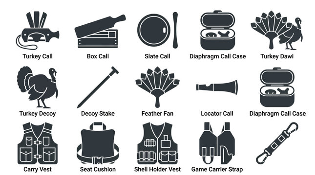 . Includes: turkey call, box call, slate call, diaphragm call case, turkey decoy, decoy stake, feather fan, locator call, carry vest, seat cushion, shell holder vest, game carrier strap.