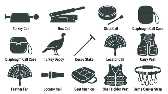. Includes: turkey call, box call, slate call, diaphragm call case, turkey decoy, decoy stake, feather fan, locator call, carry vest, seat cushion, shell holder vest, game carrier strap.