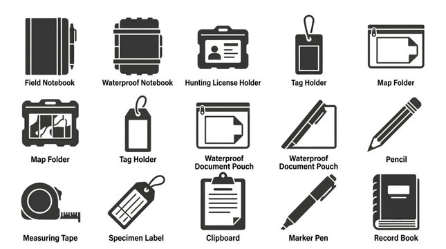  Includes: field notebook, waterproof notebook, hunting license holder, tag holder, waterproof document pouch, pencil, marker pen, measuring tape, specimen label, clipboard, map folder, record book.