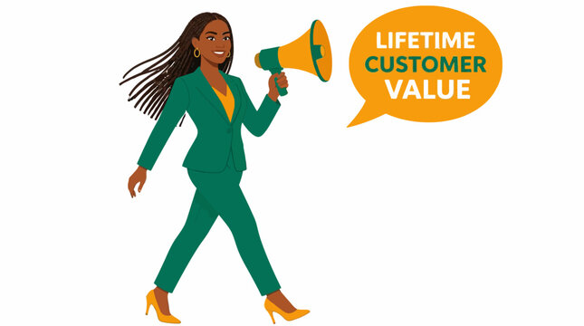 Businesswoman holding megaphone with lifetime customer value message.