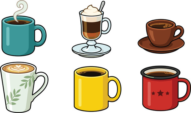 Coffee mug vector set with colorful ceramic cups latte glass espresso cup and red enamel campfire mug flat cartoon illustration