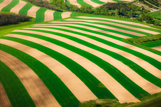 Aerial view of striped agricultural fields with alternating green and brown soil patterns in the rolling landscape of Brno, South Moravian Region, Czechia.