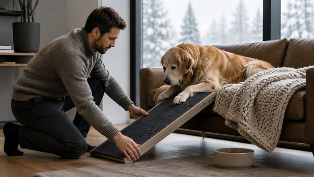 Man helping golden retriever dog use a pet ramp to get on sofa