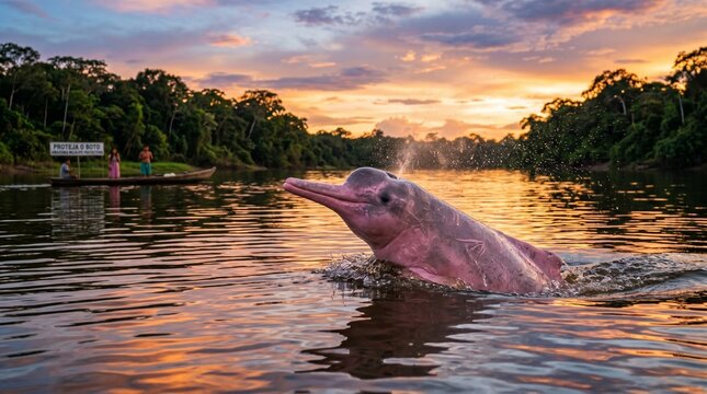 Pink river dolphin emerges from Amazon waters at sunset with a splash
