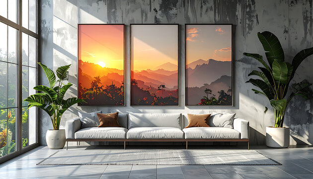 Modern living room interior with pixel art sunset landscape triptych wall frames, concrete texture, house plants, home decor