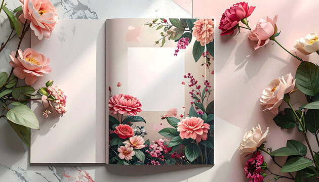 Open notebook with floral frame of pink and red roses for romantic stationery design, wedding invitation mockup, botanical template
