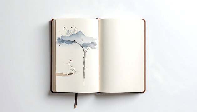 Open notebook with hand drawn ink mountain landscape illustration on beige paper page