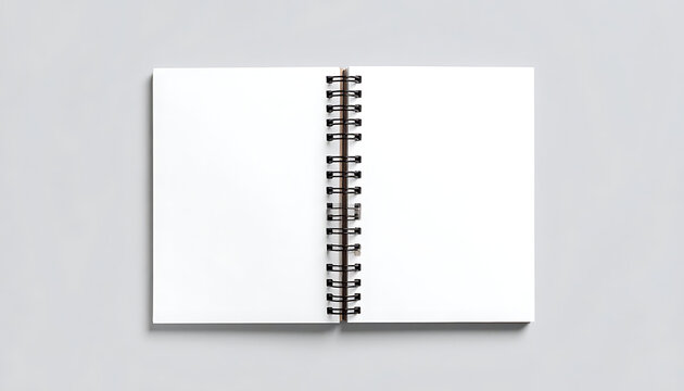 Open spiral notebook mockup with blank pages, top down view, stationery template