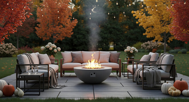 Elegant contemporary residential backyard featuring a glowing outdoor fire pit providing warmth and cozy ambiance during a crisp autumnal evening at twilight under soft lighting.