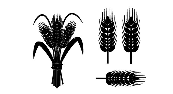 Minimal black silhouette icon, simple flat vector, bold black shape, no, no shading set of wheat ears and a sheaf of wheat on a, flat icon style