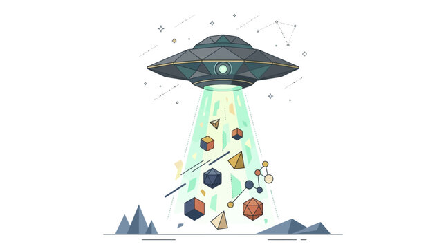 Polygonal UFO spaceship kidnapping a cube on a white background design