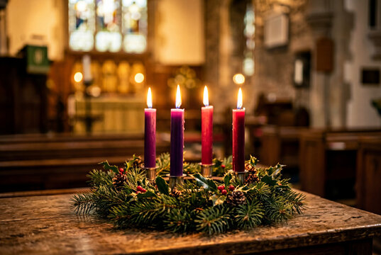 Four lit advent candles glowing softly in an evergreen wreath inside a church