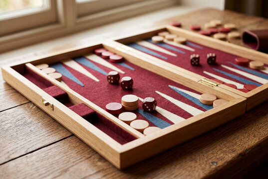 Open wooden backgammon board with red and white checkers and dice resting on a rustic table