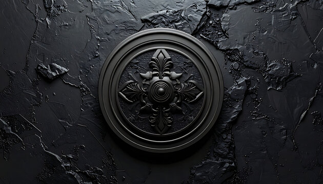 Ornate circular black emblem with intricate relief patterns on textured dark surface, luxury branding background, symbolic armor shield motif