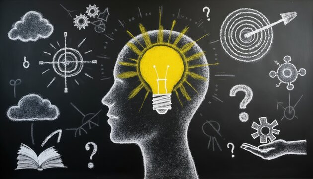 Head silhouette with bright light bulb inside brain representing idea generation. Chalk drawings show problem solving process, targets, questions and learning from books. Effective brainwork concept.