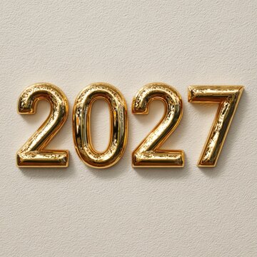 Shiny gold metallic numbers forming the year 2027 on a textured beige background representing future celebrations and new beginnings