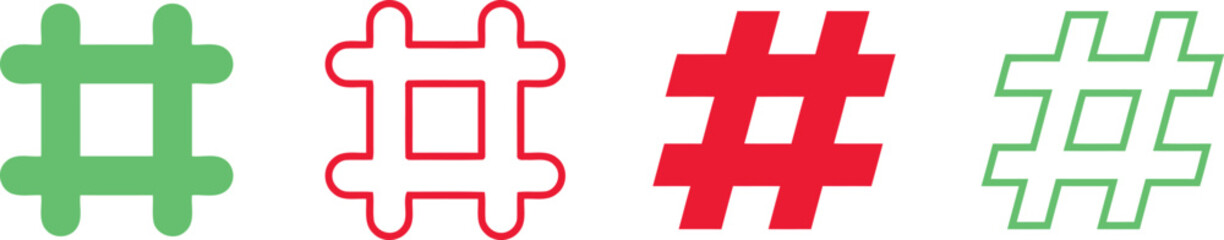 Obraz premium Set of four colorful hashtag symbol icons in different styles