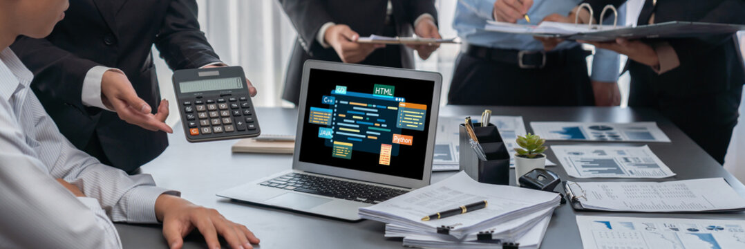 Software development or programming work with coding screen of various programming languages like HTML, , , and C brisk for new application development