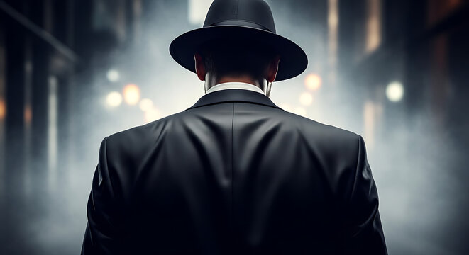Rear view of a mysterious anonymous gangster criminal mafia figure wearing a formal black business suit standing in a dark moody atmosphere, symbolizing organized crime and secrecy.