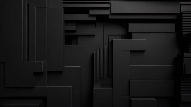 Abstract black geometric 3D wall with layered rectangular shapes and lines
