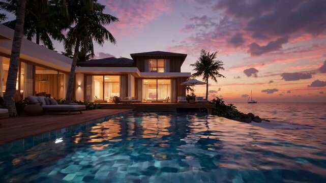 Luxury tropical villa with infinity pool at sunset, overwater resort bungalow with ocean view and palm trees, exotic vacation travel destination