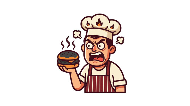 Angry Professional Chef Holding a Smoking Burnt Hamburger Vector Illustration