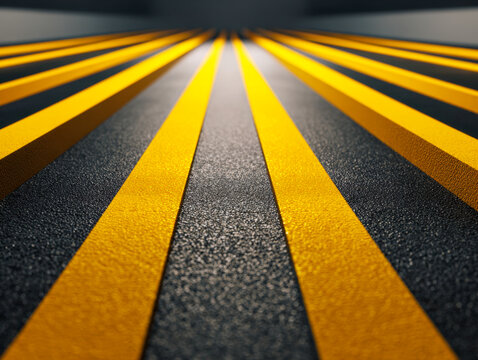 Perspective view of black textured surface with parallel yellow raised stripes creating a geometric pattern with depth and modern design elements