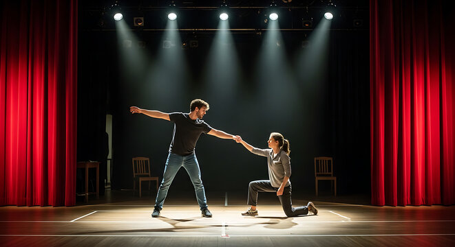 Cinematic dramatic theater rehearsal on a grand stage featuring bright spotlights and velvet curtains with two professional actors practicing an intense scene under vivid stage lighting.