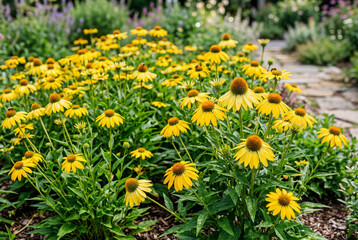 Fototapeta premium Yellow coneflowers blooming in summer garden