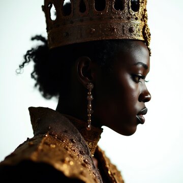 Black woman queen wears golden crown ornate dress. Elegant regal female portrait, side profile, dramatic studio lighting. Royalty and power symbolism in African heritage.