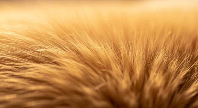 Extreme macro shot of soft golden puppy fur showing intricate textures, fine hairs, and fluffy layers under warm natural sunlight detail, organic, golden, blonde