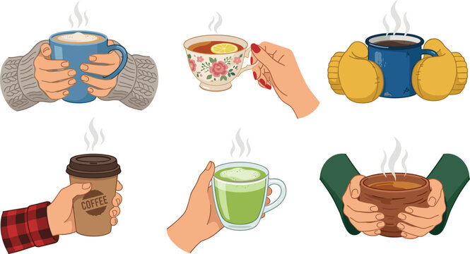 Hands holding coffee mug vector set with cozy winter mittens sweater sleeves steaming tea cup and takeaway latte flat illustration