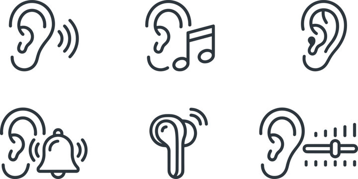 Hearing perception icon vector set with linear ear listening symbols musical note ringing alert bell wireless earbud and sound equalizer fader