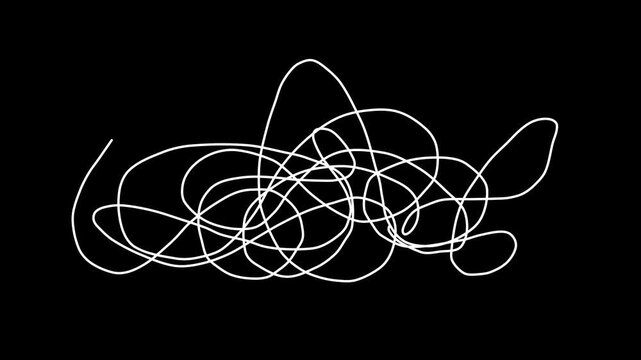 White, hand, drawn, messy, scribble, animation, black, background, confusion, chaos, concept, mental, health, anxiety, symbol, isolated, motion, graphic, tangled, thoughts, doodle, sketch, simple.

