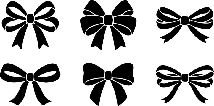 Collection of six black ribbon bow silhouettes isolated on white background for creative designs.