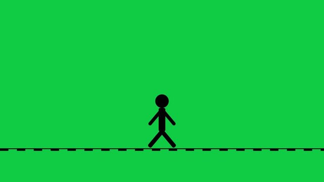 Stick figure walking animation on green screen, simple 2 d character loop