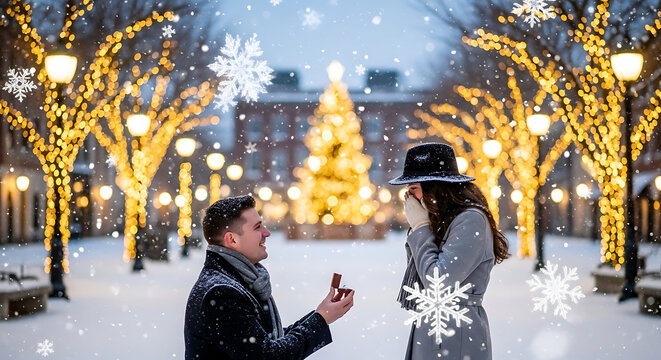Man proposing to woman in winter.