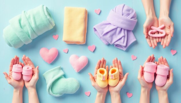 Hands hold tiny baby booties and soft blankets. Pastel colors and heart shapes suggest newborn care and love. Gentle items for infant comfort. Waiting for baby.