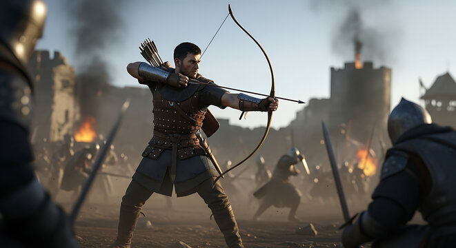 Heroic medieval fantasy male warrior aiming longbow with precision during intense battlefield war conflict, ranger archer in leather armor defending kingdom against enemy forces in forest